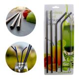 Canudos Inox Preto Metal Retos Curvos Reutilizaveis Kit 4 Eco Limpeza - Braslu