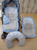 Capa de Carrinho + Capa de Bebê Conforto + Almofada de Amamentar Nuvens Azul 100% Algodão - Bruna baby
