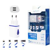 Carregador 2.0 A 5 em 1 de Viagem com dois portas USB Classico V8/Lighting/Iphone 4/ Micro 3.0-CUS-C5E1C - 02472 - Exbom