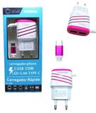 Carregador Turbo type-c Com Duas Saidas USB Femea Rosa Lotus LT-360