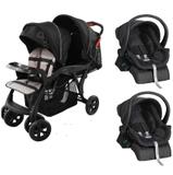 Carrinho de Gêmeos Doppio Preto + 2 Bebê Conforto + 2 Bases - Galzerano