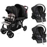 Carrinho de Gêmeos Doppio Preto + 2 Bebê Conforto + 2 Bases - Galzerano