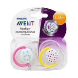 Chupeta Avent Freeflow Contemporânea Bpa 2 Unidades 6-18 Meses Rosa E Amarela