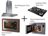 Coifa Ilha Retangular 75cm + Cooktop V500x + Forno Embutir F450 Black + Micro-ondas M230 - Fogatti