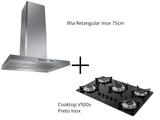Coifa Ilha Retangular Inox 75cm + Cooktop V500x Preto Inox - Fogatti