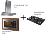Coifa Ilha Retangular Inox 75cm + Cooktop V500x Preto Inox + Forno Embutir F450 Black - Fogatti