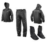 Combo Capa Roupa Chuva Vestimenta Vestuário Jaqueta Calça Delta Pvc Preta Moto Motoqueiro Com CAPUZ TOUCA + Polaina Galocha Bota - Delta Piraval