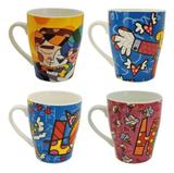 Conjunto 04 Canecas em Porcelana Linha Romero Britto Licenciado Chá Café Cor Sortido