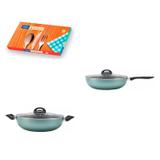 Conjunto 2 Panelas Wok com Tampa 4,1L e Faqueiro 90 Peças MadeiraMadeira Cromado/Verde - Brinox