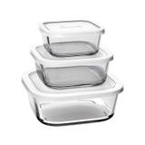 Conjunto 3 Potes de Vidro Quadrados Tampa Branca Euro