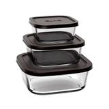 Conjunto 3 Potes de Vidro Quadrados Tampa Preta Euro