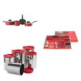 Conjunto 4 Panelas Avulsas, Faqueiro 90 Peças e 5 Portes para Mantimentos MadeiraMadeira Cromado/Vermelho - Brinox