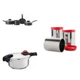 Conjunto 4 Panelas Avulsas, Panela de Pressão 6L e 3 Potes para Mantimentos MadeiraMadeira Cromado/Vermelho/Preto - Brinox