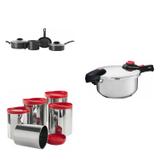 Conjunto 4 Panelas Avulsas, Panela de Pressão 6L e 5 Potes para Mantimentos MadeiraMadeira Cromado/Vermelho/Preto - Brinox