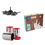 Conjunto 5 Panelas Avulsas, Faqueiro 48 Peças e 3 Potes para Mantimentos MadeiraMadeira Cromado/Preto - Brinox