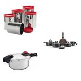 Conjunto 6 Panelas Avulsas Ceramic, Panela de Pressão 6L e 5 Potes para Mantimentos MadeiraMadeira Cromado/Vermelho/Preto - Brinox