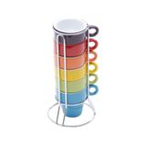 Conjunto 6 Pc Xicaras De Porcelana Bon Gourmet P/Cafe C/ Suporte Coloridas 60ml