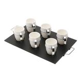 Conjunto 6 xícaras de café de porcelana branca com alça de metal 75ml e bandeja em madeira - Wolff
