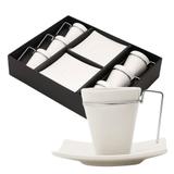 Conjunto 6 xícaras e pires de café em porcelana branca com alça de metal - Wolff