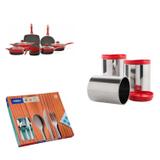 Conjunto 7 Panelas Avulsas Ceramic, Faqueiro 42 Peças e 3 Portes para Mantimentos MadeiraMadeira Cromado/Vermelho - Brinox