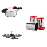 Conjunto 7 Panelas Avulsas, Panela de Pressão 6L e 3 Potes para Mantimentos MadeiraMadeira Cromado/Vermelho/Preto - Brinox