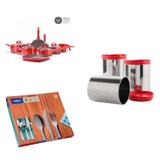 Conjunto 8 Panelas Avulsas Ceramic, Faqueiro 42 Peças e 3 Potes para Mantimentos MadeiraMadeira Cromado/Vermelho - Brinox