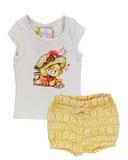 Conjunto bebê verão menina blusa branca e shorts amarelo chapéu brilhante - boca grande