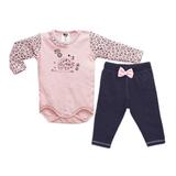 Conjunto Body Longo Elefante Floral e Calça Jeans - Rosa e Azul Marinho - BB2