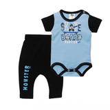 Conjunto Body Manga Curta e Calça Saruel em Suedine - Monster - Azul e Preto - BB2