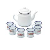 Conjunto Bule Esmaltado 1,7 Litros com 06 xícaras Estampadas 150 ML Yazi Branco Para Servir Retrô