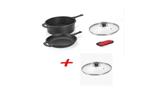 Conjunto Caçarola E Frigideira Multiuso Com Tampa Vidro Mais uma Tampa 29 cm e Pegador Térmico - Panela Mineira