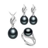 Conjunto Colar / Brincos / Anel de Prata com Strass e Perola Preta presente - Mix