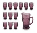 Conjunto com 12 Copos em Vidro + Jarra - Cor Roxo HR907 Jogo de Copos Luxo 350ml - Santa cecilia