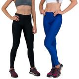 Conjunto com 2 Calças Legging Fitnes Suplex Lisa Cintura Alta Preta e Azul Bic - Della fitness