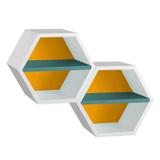 Conjunto com 2 Nichos Hexagonais Favo II com Prateleira Branco com Amarelo e Azul Claro - Máxima móveis