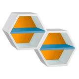 Conjunto com 2 Nichos Hexagonais Favo II com Prateleira Branco com Amarelo e Azul Serenata - Máxima móveis