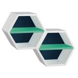 Conjunto com 2 Nichos Hexagonais Favo II com Prateleira Branco com Azul Noite e Verde Anis - Máxima móveis