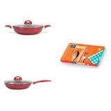 Conjunto com 2 Panelas Wok com Tampa 2,3L, 4,1L e Faqueiro 90 Peças MadeiraMadeira Cromado/Vermelho - Brinox