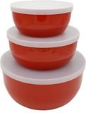 Conjunto com 3 Potes, kit com 3 tamanhos diferentes, P/M/G 12x5/15x6/19x8cm - 0,4l/0,8l/1,6l Vermelho com Tampa - Fábrica de utilidades