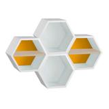 Conjunto com 4 Nichos Hexagonais Favo II com Prateleira Branco com Amarelo e Marrom Claro - Máxima móveis