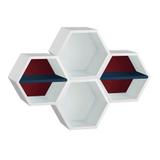 Conjunto com 4 Nichos Hexagonais Favo II com Prateleira Branco com Bordo e Azul Noite - Máxima móveis