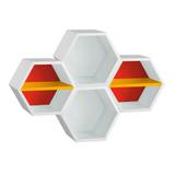 Conjunto com 4 Nichos Hexagonais Favo II com Prateleira Branco com Vermelho e Amarelo - Máxima móveis