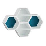 Conjunto com 4 Nichos Hexagonais Favo II com Prateleira Branco e Azul - Máxima móveis