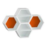 Conjunto com 4 Nichos Hexagonais Favo II com Prateleira Branco e Laranja Novo - Máxima móveis