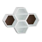 Conjunto com 4 Nichos Hexagonais Favo II com Prateleira Branco e Marrom Escuro - Máxima móveis