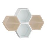 Conjunto com 4 Nichos Hexagonais Favo II com Prateleira Marrom Claro e Branco - Máxima móveis