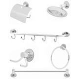 Conjunto de Banheiro Inox Com Cabideiro de 5 Ganchos Dupla Fixação Linha Stander - Kit bras