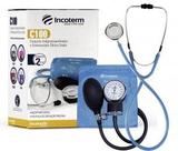 Conjunto de estetoscópio clínico duplo e esfigmomanômetro aneróide c100 azul incoterm