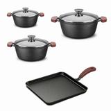 Conjunto de Ferro Fundido 3 Caçarolas (20,24,28cm) + Chapa Tampas de Vidro Kit Jogo Panelas - Mta