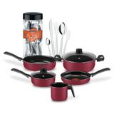 Conjunto de Panelas 5 Peças Rochedo Pratique Rosa + Faqueiro 20 Peças Inox Tramontina Búzios